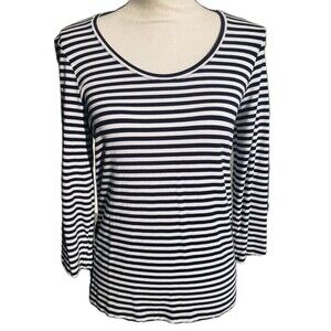 CHICO'S Top Size 0 (S) Blue White Striped Scoop Stretchy Tee 3/4 SLV EUC SOFT